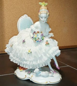 Unterweissbach German Porcelain Lace Figurine Lady In Chair With Cat.