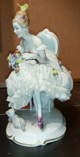 Unterweissbach German Porcelain Lace Figurine Lady In Chair With Cat. 2