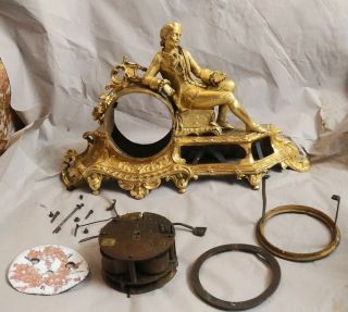 Antique French Gilt Figural Clock J Contour A Paris Porcelain Face Silk Thread