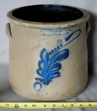 Antique Stoneware Crock Satterlee & Mory Fort Edward C 1870 Cobalt Flower Leaves