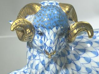 Rare Herend Lying Ram Figurine Blue Fishnet Hand Made & Painted 24K Gold Accents 2