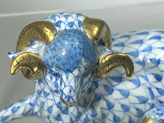 Rare Herend Lying Ram Figurine Blue Fishnet Hand Made & Painted 24K Gold Accents 3