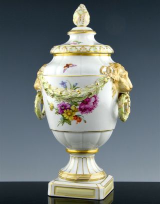 19thc Kpm Berlin Lion Figural Floral Lidded German Porcelain Urn Vase