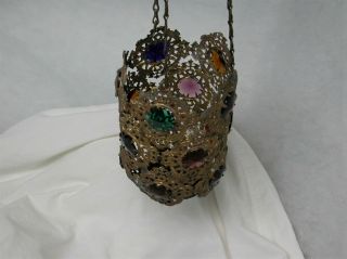 Victorian Hanging Hall Fairy Brass Lamp Shade Glass Faceted Jewels Antique 1880s
