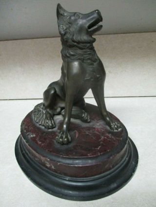 19th C.  Antique French Bronze Dog Sculpture On Red & Black Marble Base 5 1/2 "