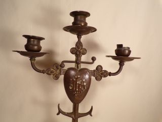Antique IHS Bronze Gothic Candlestick Church Candelabra with Anchor / Heart 2