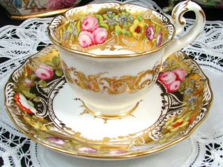 ANTIQUE COALPORT 1840 ' S HEAVY GOLD ROSE FLORAL 13 PC CUP AND SAUCER CAKE PLATE 2