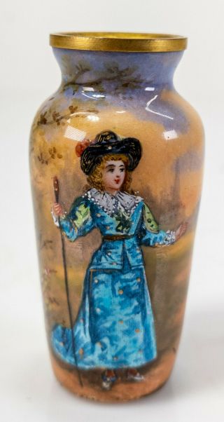 Antique French Miniature Vase Limoges Enamel On Copper Guilloche Signed Vibert