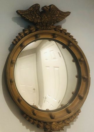 Vintage Antique 19” Federal Eagle Bullseye Convex Round Gold Gilt Wood Mirror