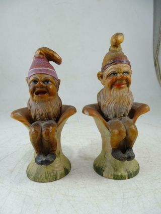 Antique Black Forest Gnome Mushroom Bottle Stopper Carved Wood Set Germany Vtg 2