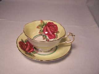 Paragon China Yellow Cup & Saucer Red Cabbage Rose Signed R Johnson