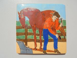 Vintage San Jose Mission Pottery Tile Cowboy Shoeing Horse