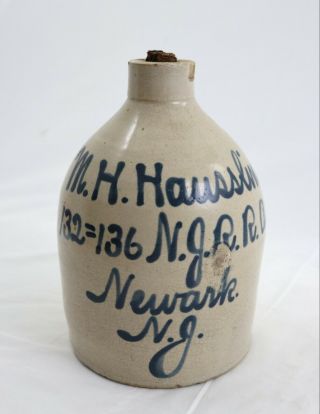 Antique Mh Haussling Jersey Blue Decorated Stoneware Whiskey Liquor Jug