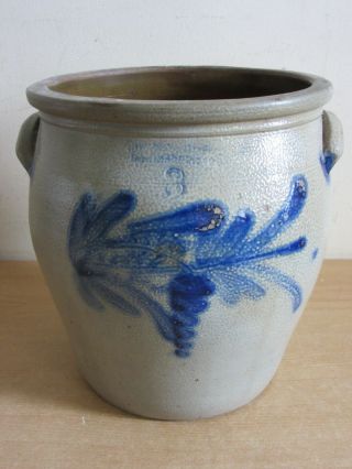 Antique Blue Decorated Salt Glaze Stoneware Handled Crock 3 Gal 11.  75 "