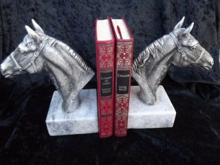 Two Horses Bookends Figurine Vintage Silver Plated And Marble.