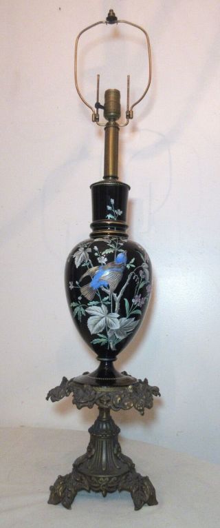 Large Antique Hand Painted Black Amethyst Bristol Glass Electric Table Lamp Vase