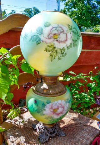 Antique Green Globe Gone With The Wind Hurricane Parlor Lamp Painted 25 " Usa