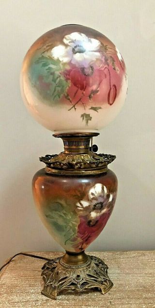Antique Gwtw Oil Kerosine Banquet Parlor Gone With The Wind Hand Painted Lamp