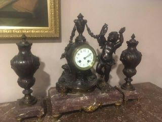 French Figural Clock Antique 3 Pc Set W/marble