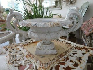Omg Old Vintage Small Cast Iron Metal Garden Urn Shapely White W/ Fancy Handles