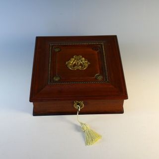 Antique French Wood Box with Crest,  Putti and Key 2