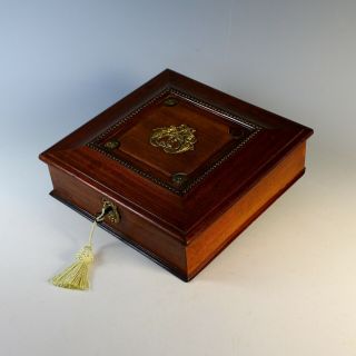 Antique French Wood Box with Crest,  Putti and Key 3
