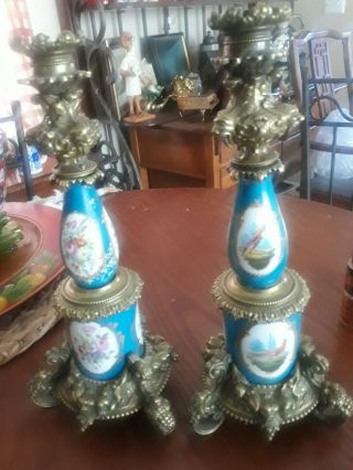 Antique French Sevres Blue Porcelain Floral /bird Pair Bronze Candlesticks