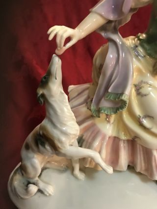 Karl Ens Volkstedt Large Porcelain Figurine Lady Feeding Borzoi Dog C.  1930 - 1940 3