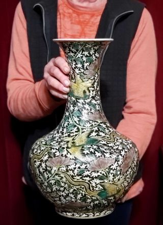 Vintage Chinese Porcelain Large Vase Famille Noire Enamels Marked