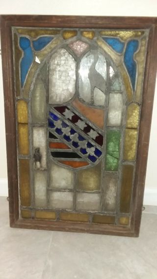 Vintage Stained Leaded Glass Panel Wood Frame Multicolored Shield Birds Wood Fr