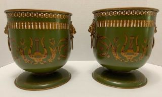 2 French Tole Cache Pots Vintage Green 2xs Pierced Footed Planters Lion Handles