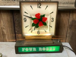 Vintage Four Roses Whiskey Lighted Clock Shape Bar Mancave Old Decor