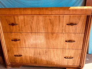 Vtg L 30s 1930s Art Deco Waterfall Wood Dovetailed Chest Drawers Dresser Storage