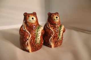 Fly Fishing Bears With Fish Salt And Pepper Shakers