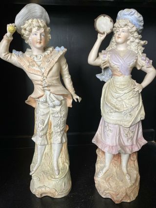 German Bisque Victorian Couple Pair Lady Man Figurines Statue 16 1/4”