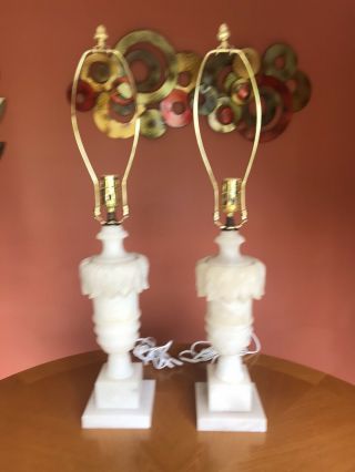2 Vintage Neoclassical Italian White Alabaster Marble Urn Lamp Rewired.