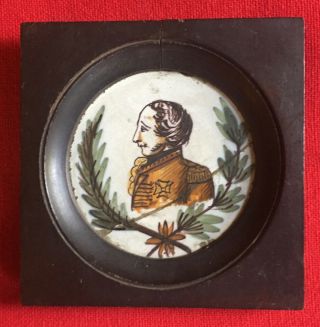 Antique 18th C.  Tin Glaze Faience Delft Tile With Portrait Of King In Wood Frame