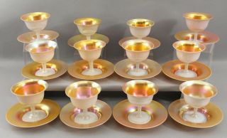 12 Antique Steuben Art Glass Aurene Calcite Dessert Sherbets & Underplates