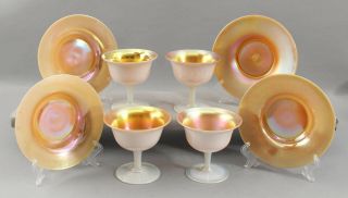 12 Antique Steuben Art Glass Aurene Calcite Dessert Sherbets & Underplates 3