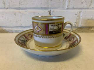 Antique Hall Porcelain Cup & Saucer Gold & Grisaille Landscape Dec.  436
