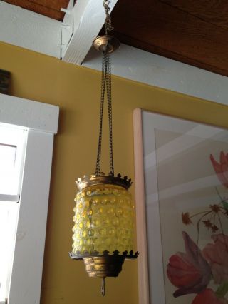 Rare Hanging Victorian Antique Hobnail Vaseline Glass Pull Down Candle Lamp