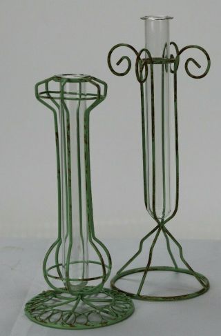 Set Of 2 Glass Bud Vases Metal Stand Holders Green