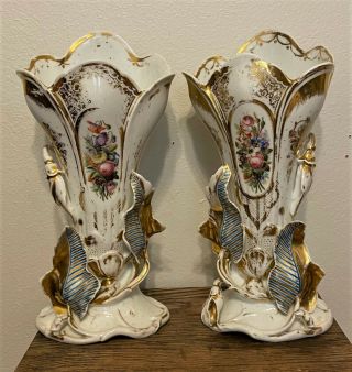 Antique Pair French Vieux Old Paris Porcelain Gilt Vases W/ Applied Flowers - 16 "