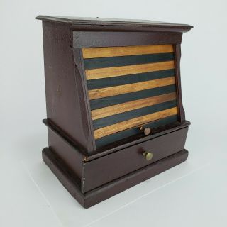 Antique Canted Sewing Box,  Spool Holder Caddie,  Tambor Door,  Drawer,  Folk Art