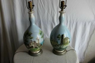 Antique Cardella Signed And Wired Hand Painted Porcelain Lamps
