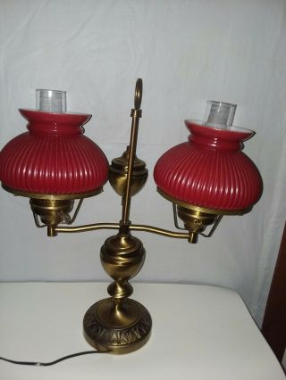 Vtg Double Brass Student Lamp Desk 2 - Arm Red Glass Shades Electric