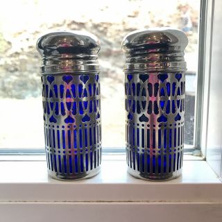 Cobalt Blue Glass And Silver Plated Salt & Pepper Shaker United Kingdom Vintage
