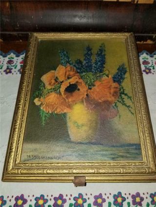 Vtg Wood Jewelry Trinket Stash Box Poppy Flower Painting Lid Mirror Ornate Trim
