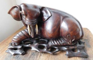 Antique Rose Wood Carving Elephant On Stand China Or Japan 1900s