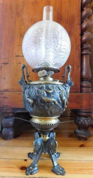 Stunning Antique Bronze Table Or Banquet Oil Lamp Neoclassic Frieze 1800s